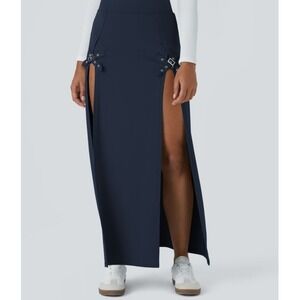 NWT Halara Women's Double Buckle Front Split Maxi Skirt‎ Skort Navy Blue S Boho
